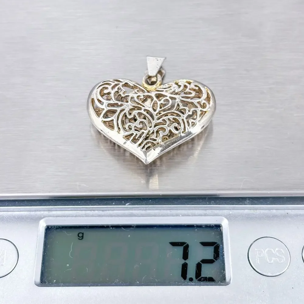 Vintage Sterling Silver 925 Puffy Filigree Heart Pendant